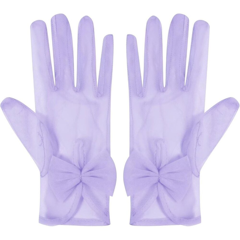 Women's Bow Lavender Evening Tulle Short Length Gloves Wrist Tea Party Prom